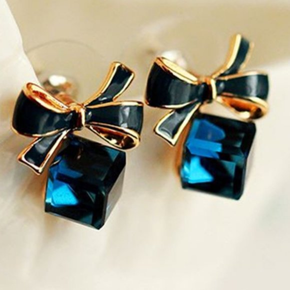 Other - NEW!! GORGEOUS Blue & Gold Bow & Square Gem EARRINGS - Cute Stylish Charming